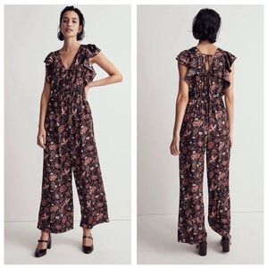 Madewell Deep-V Ruffled Satin Tie Wide Leg Jumpsuit in Pampas Blooms Large